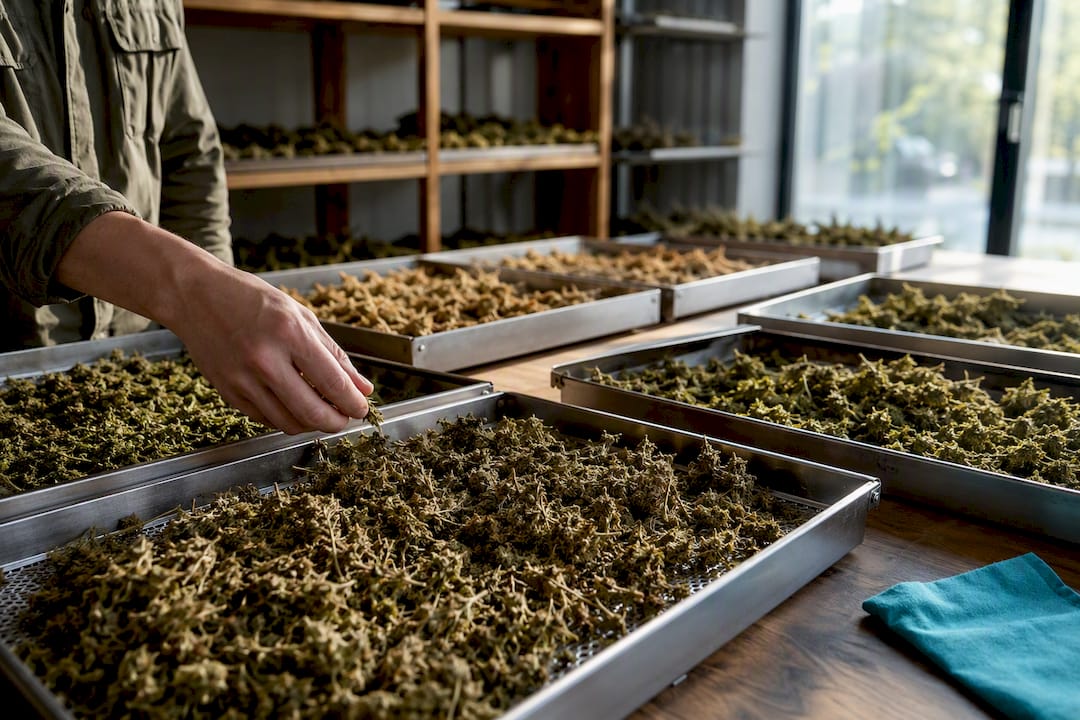 Getrocknete Hanfblüten werden gründlich selektiert