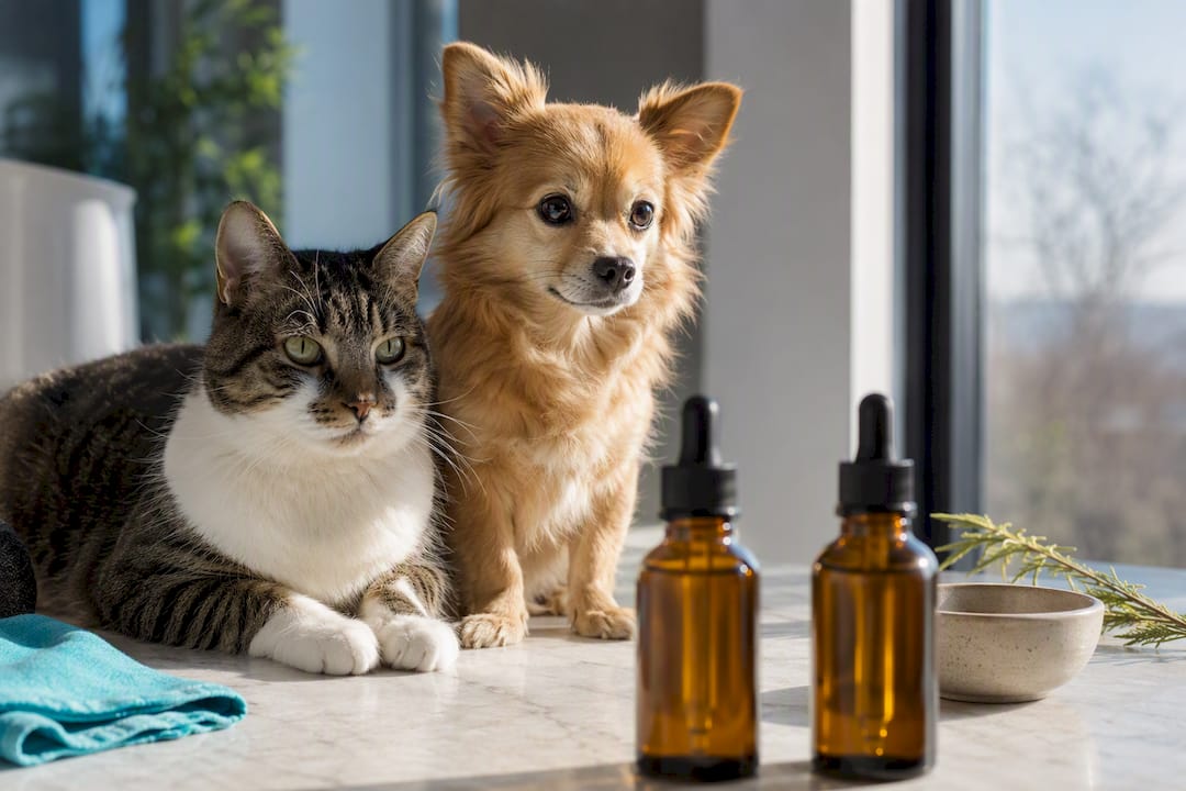 Hund und Katze neben unbeschrifteten CBD-Ölflaschen