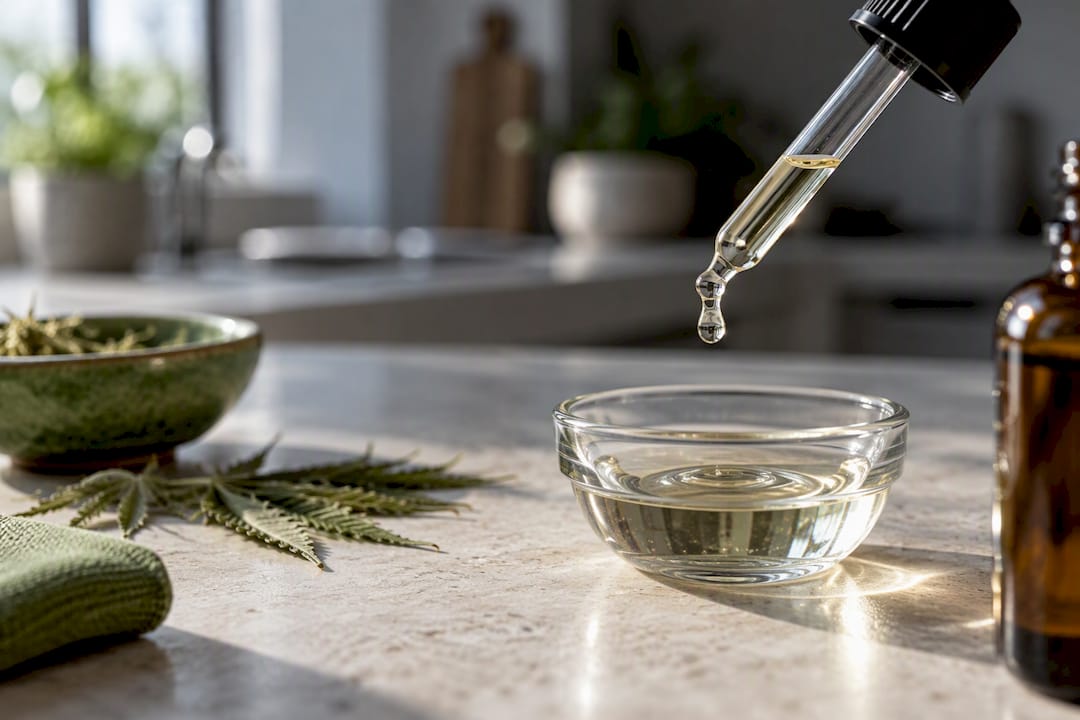 Pipette mit Tropfen von alkoholfreiem CBD-Öl