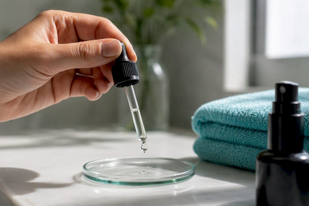 Unbeschriftete CBD-Pipette neben einem aufgeschnittenen Sprühkopf