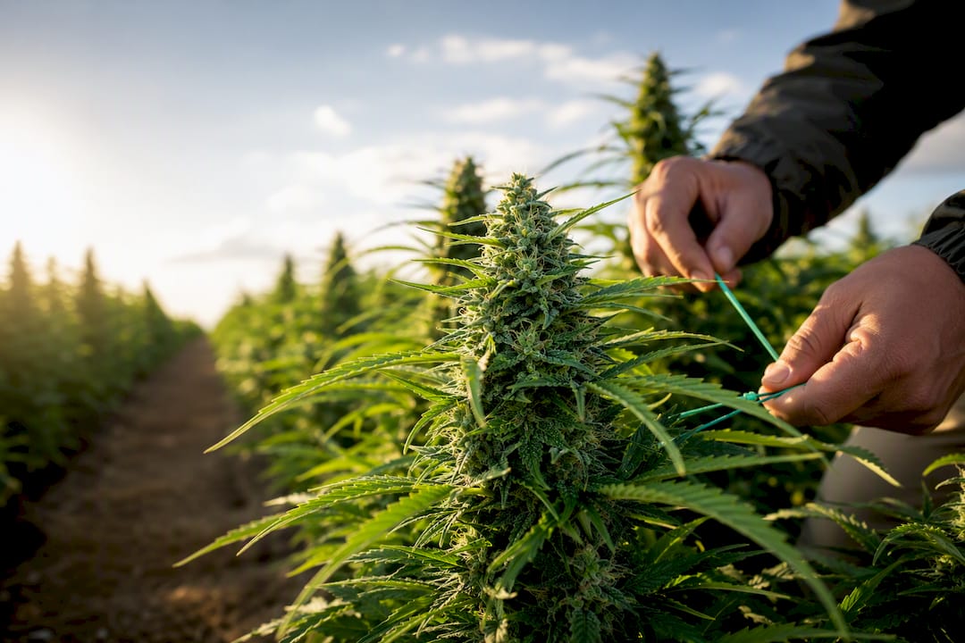 CBD-Hanfblüten, draußen gewachsen im warmen Abendlicht