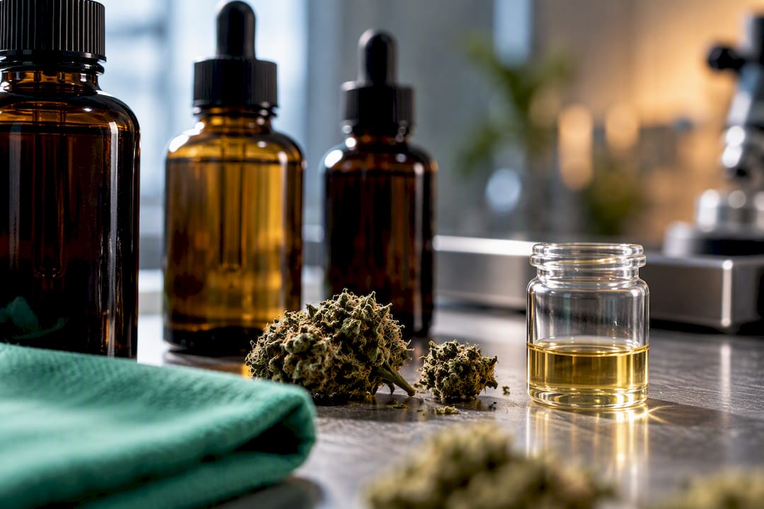Unbeschriftete CBD-Ölflaschen auf der Qualitätsprüfbank