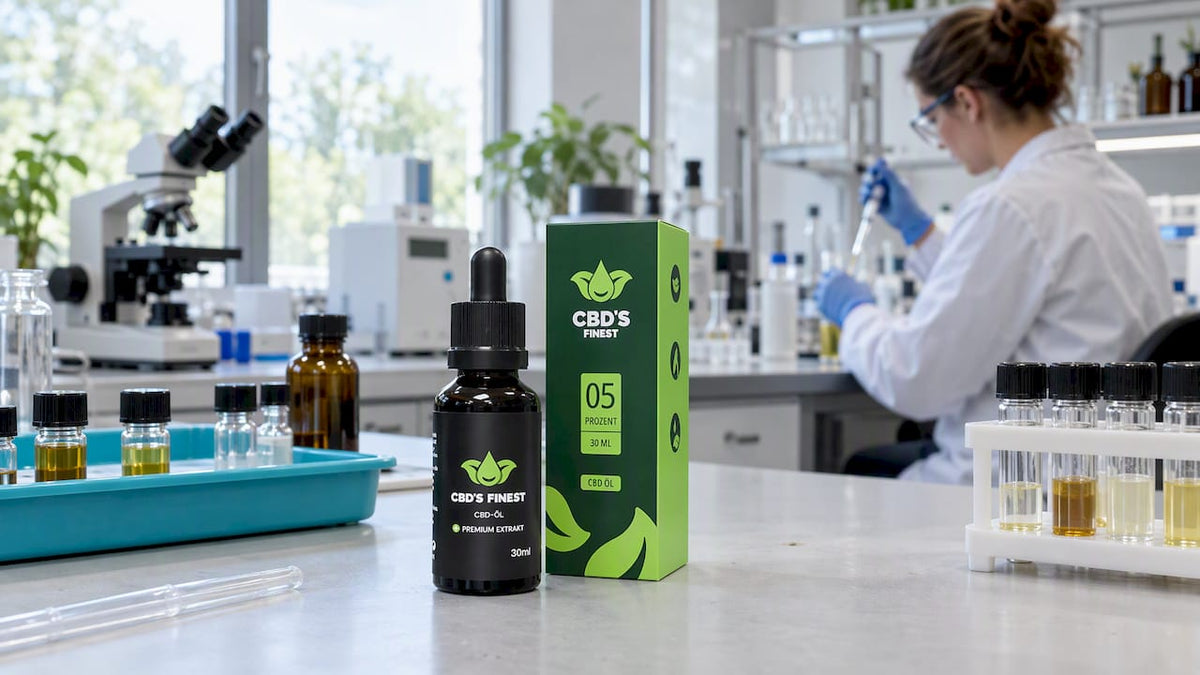 CBD-Öl neben Laborproben im Testlabor