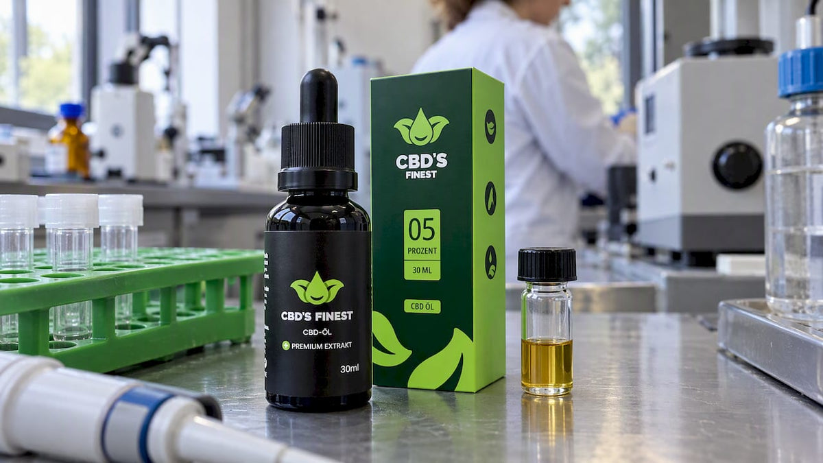CBD-Öl und Probenfläschchen auf der Laborarbeitsfläche