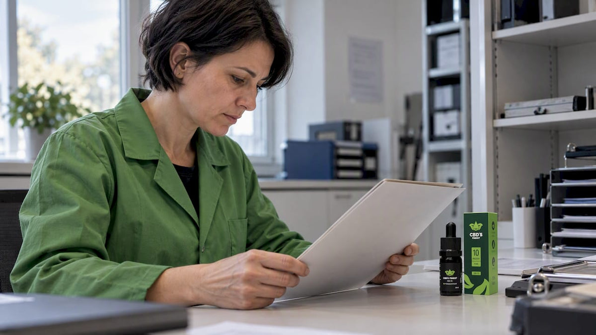 CBD-Öl zusammen mit Zertifikat bei der Qualitätsprüfung