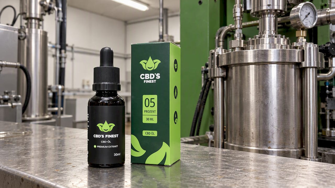 CBD-Öl neben der CO₂-Extraktionsanlage im Produktionsbereich