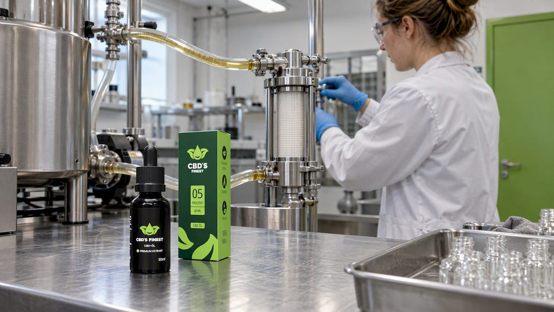 Das CBD-Öl wird mithilfe einer Feinfiltrationsanlage gefiltert.