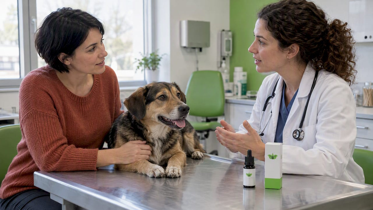 Tierärztin und Besitzerin diskutieren den Einsatz von CBD bei einem Hund