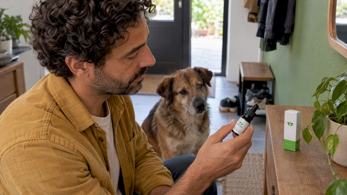 Ein Hundehalter untersucht CBD-Öl neben seinem Hund.