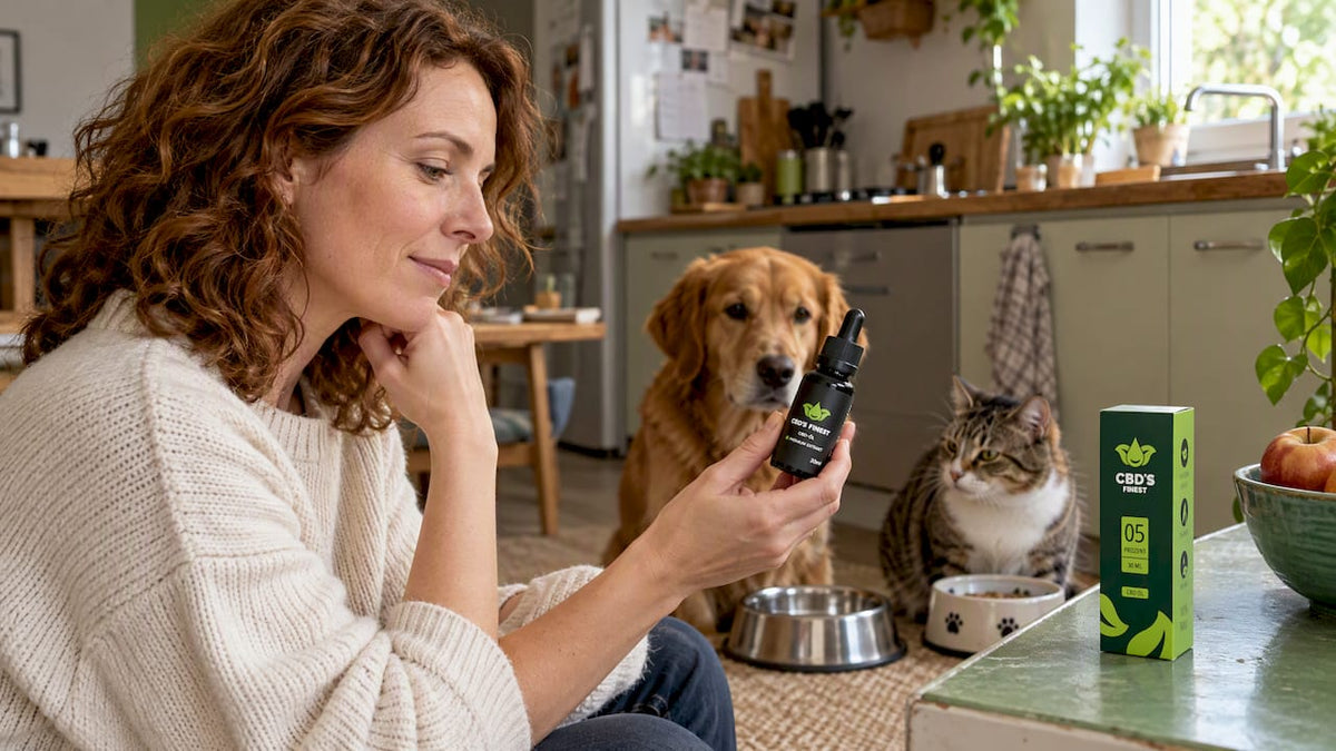 Tierhalterin schaut auf CBD-Öl neben ihrem Hund und ihrer Katze