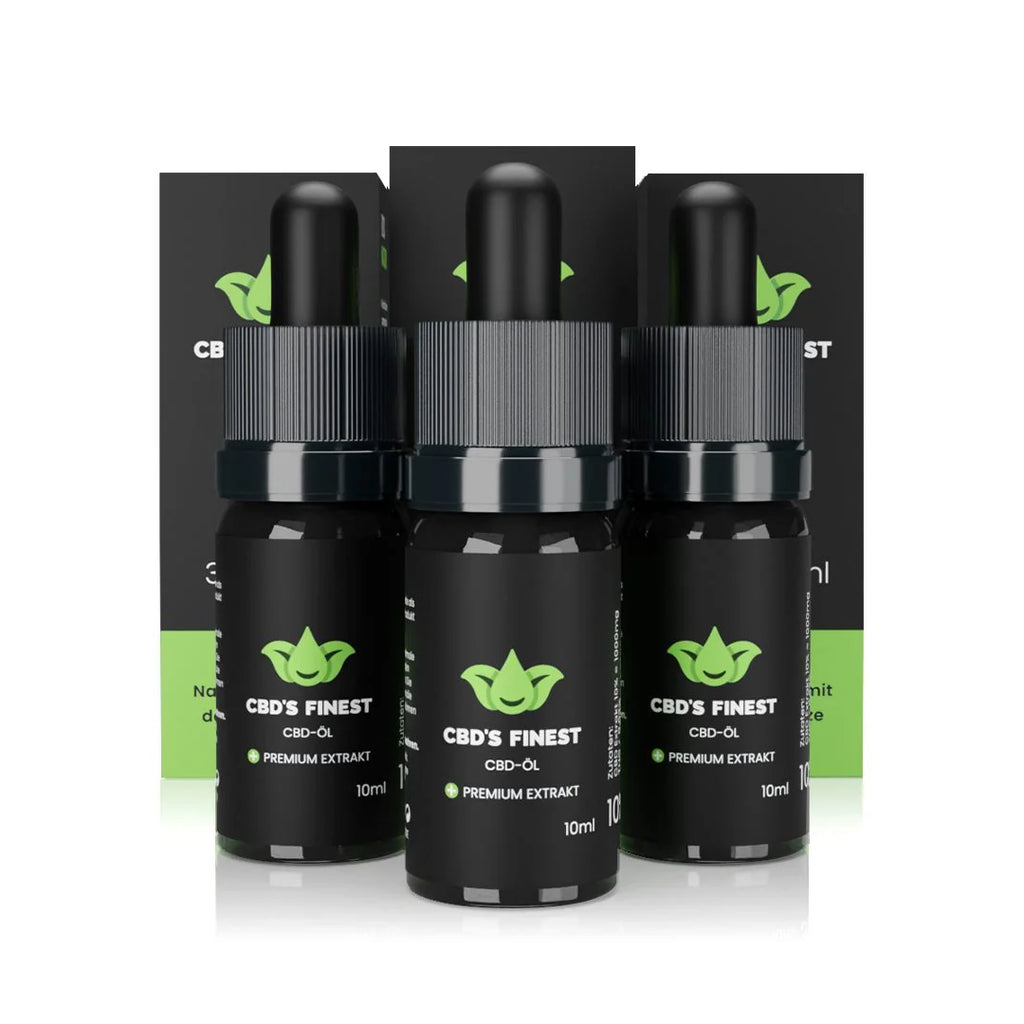 Drei Flaschen CBD-Öl 10 % von CBD’s Finest mit Verpackung
