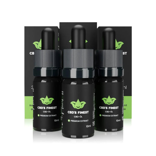 Drei Flaschen CBD-Öl 15 % von CBD’s Finest mit Verpackung