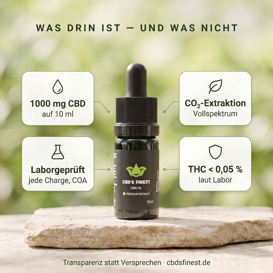 CBD-Öl 10 % 10 ml – Inhaltsstoffe: 1000 mg CBD, CO₂-Extraktion, THC < 0,05 % laut Labor